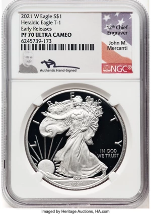 image for: 2021-W $1 Silver Eagle, Type One, Early Releases, PR70 Ultra Cameo NGC. Hand-signed, John M. Mercanti....