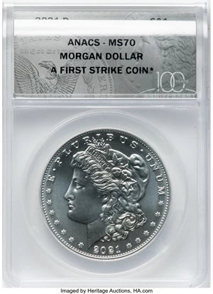 image for: 2021-D $1 Morgan Dollar 100th Anniversary, First Strike, MS70 ANACS....