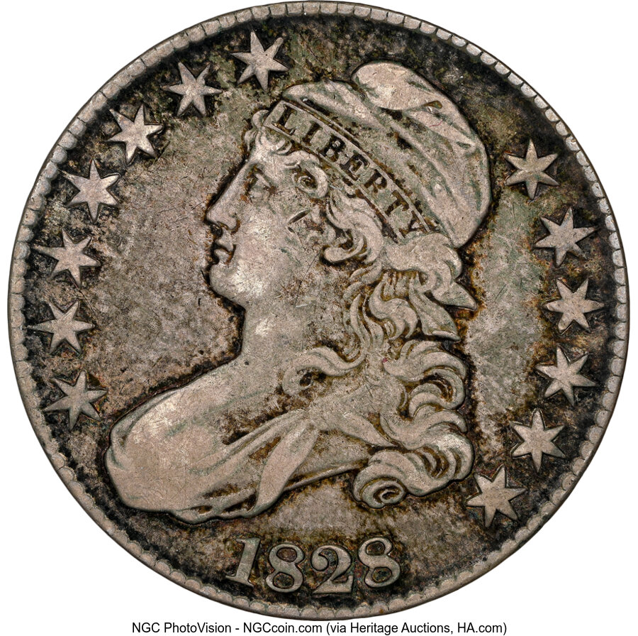 image for: 1828 50C Square Base 2, Small 8s, Large Letters, O-112, R.3, VF25 NGC. NGC Census: (44/1073).  Mintage 3,075,200....