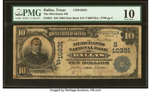 image for: Dallas, TX - $10 1902 Date Back Fr. 621 The Merchants National Bank Ch. # (S)10331 PMG Very Good 10....