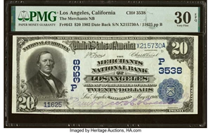 image for: Los Angeles, CA - $20 1902 Date Back Fr. 643 The Merchants National Bank Ch. # (P)3538 PMG Very Fine 30 EPQ....