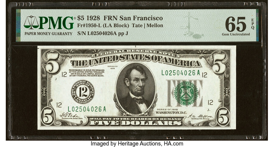 image for: Fr. 1950-L $5 1928 Federal Reserve Note. PMG Gem Uncirculated 65 EPQ....