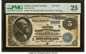 image for: Oxford, NC - $5 1882 Date Back Fr. 537 The First National Bank Ch. # (S)5885 PMG Very Fine 25....