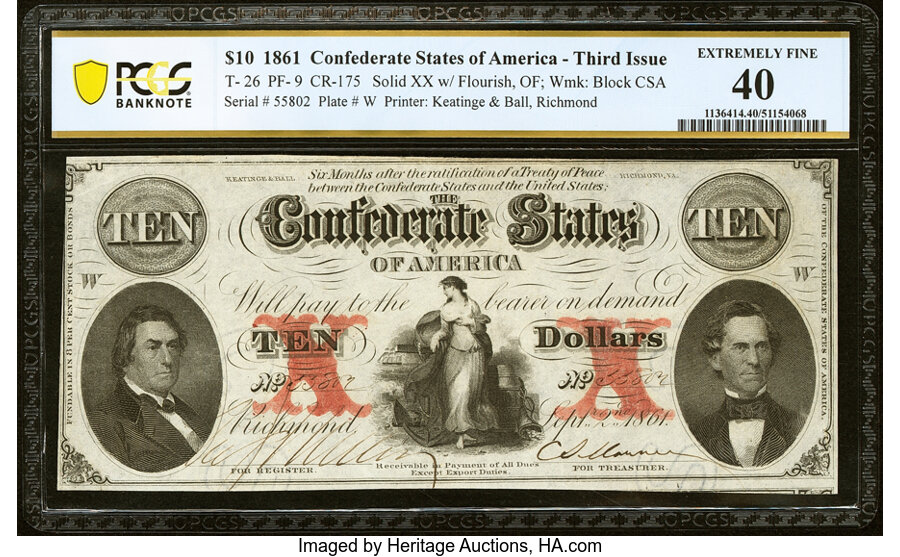 image for: T26 $10 1861 PF-9 Cr. 175 PCGS Banknote Extremely Fine 40....