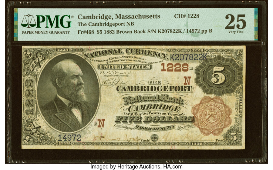 image for: Cambridge, MA - $5 1882 Brown Back Fr. 468 The Cambridgeport National Bank Ch. # (N)1228 PMG Very Fine 25....