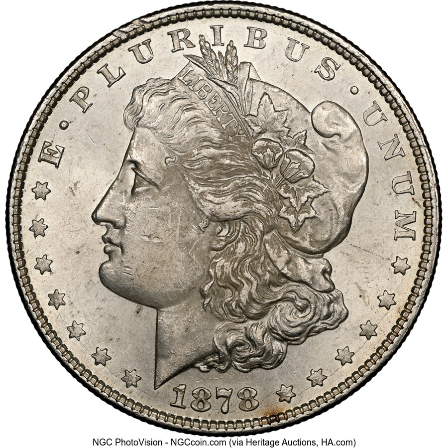 image for: 1878 8TF $1 Stick Feather, VAM-8, MS62 NGC. A Hot 50 Variety. Mintage 699,300....