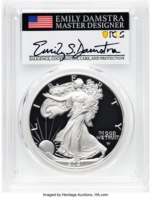 image for: 2021-W $1 Silver Eagle, Type Two, First Strike, Emily S. Damstra, PR70 Deep Cameo PCGS. ...