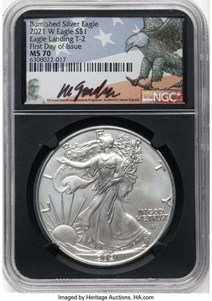image for: 2021-W $1 Silver Eagle, Type Two, First Day of Issue, Burnished MS70 NGC. Hand-signed, Michael Gaudioso....