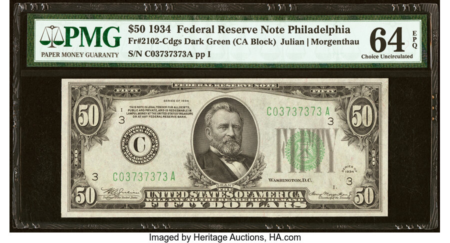 image for: "Partial Radar" Serial Number 03737373 Fr. 2102-C $50 1934 Federal Reserve Note. PMG Choice Uncirculated 64 EPQ....