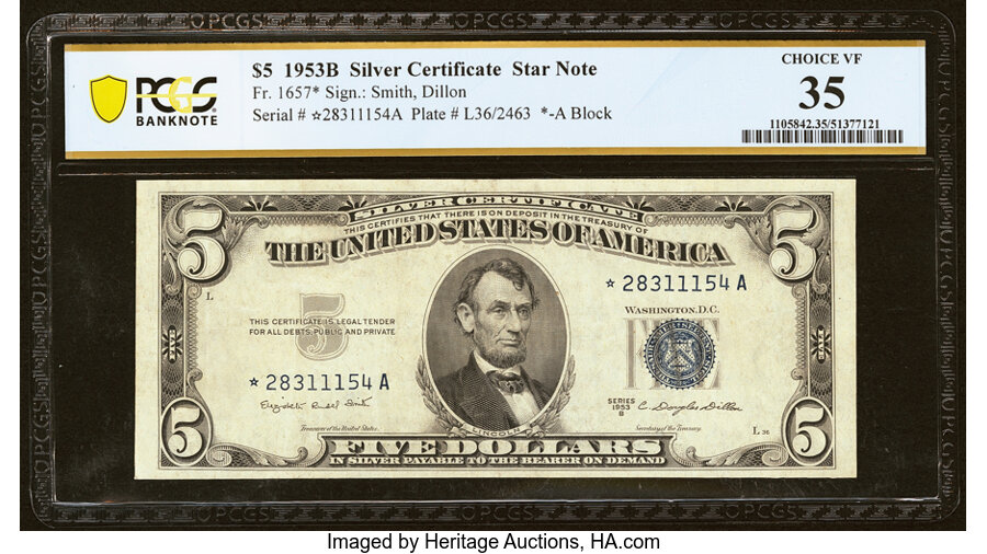 image for: Fr. 1657* $5 1953B Silver Certificate Star. PCGS Banknote Choice VF 35....