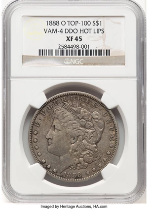 image for: 1888-O $1 Hot Lips, Doubled Die Obverse, VAM-4, Top 100, XF45 NGC....