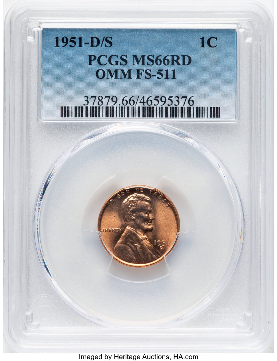 image for: 1951-D/S 1C Overmintmark, FS-511, MS66 Red PCGS. PCGS Population: (37/4).  Mintage 625,355,000....