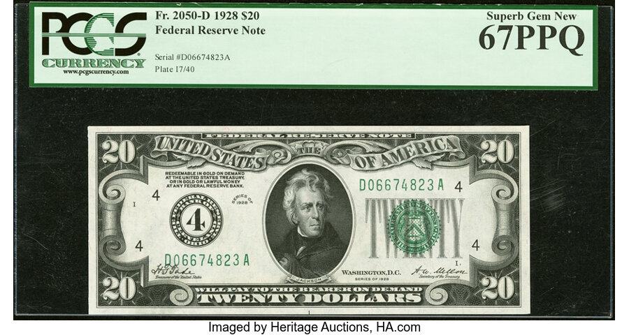 image for: Fr. 2050-D $20 1928 Federal Reserve Note. PCGS Superb Gem New 67PPQ....
