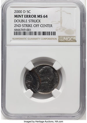 image for: 2000-D 5C Jefferson Nickel -- Double Struck, 2nd Strike Off Center -- MS64 NGC....