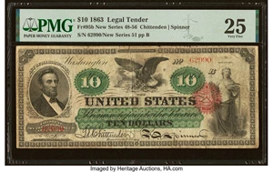 image for: Fr. 95b $10 1863 Legal Tender PMG Very Fine 25....