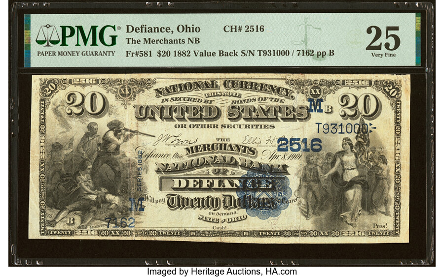 image for: Defiance, OH - $20 1882 Value Back Fr. 581 The Merchants National Bank Ch. # (M)2516 PMG Very Fine 25....