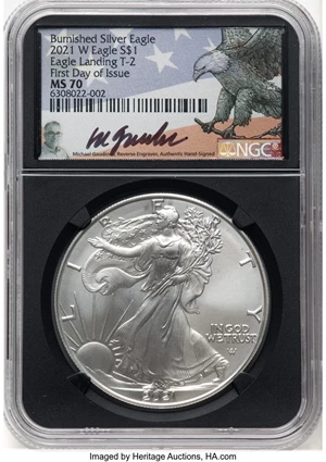 image for: 2021-W $1 Silver Eagle, Type Two, First Day of Issue, Burnished MS70 NGC. Hand-signed, Michael Gaudioso....