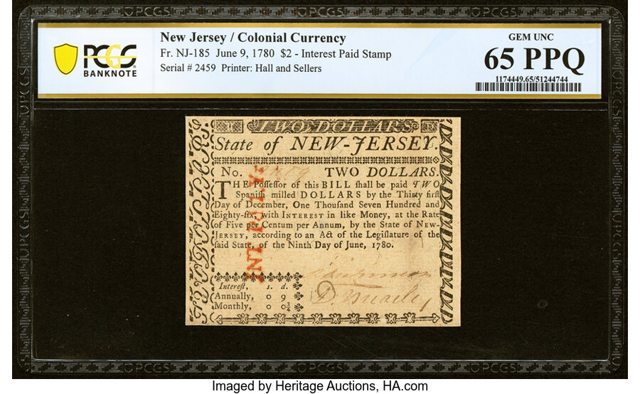 image for: New Jersey June 9, 1780 $2 PCGS Banknote Gem Unc 65 PPQ....