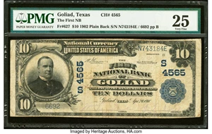 image for: Goliad, TX - $10 1902 Plain Back Fr. 627 The First National Bank Ch. # (S)4565 PMG Very Fine 25....