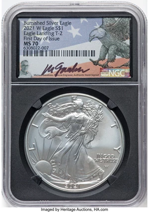 image for: 2021-W $1 Silver Eagle, Type Two, Burnished, First Day of Issue, MS70 NGC. Hand-signed, Michael Gaudioso....