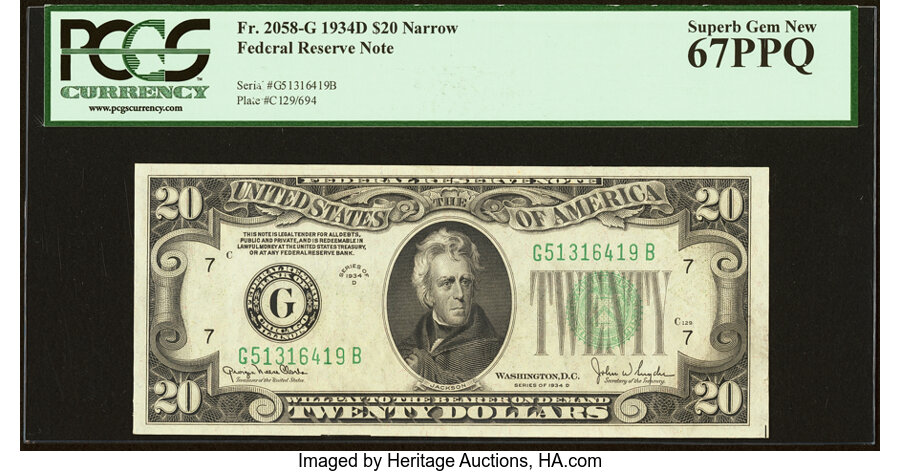 image for: Fr. 2058-G $20 1934D Narrow Federal Reserve Note. PCGS Superb Gem New 67PPQ....