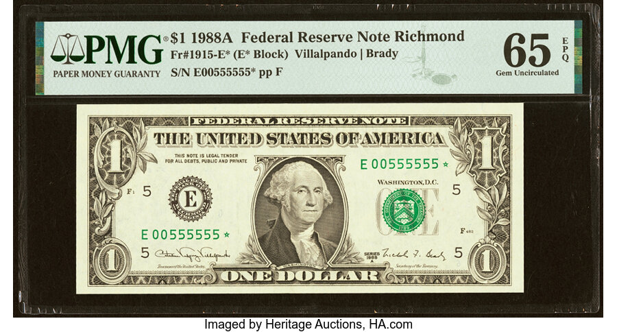 image for: Fancy Serial Number 00555555 Fr. 1915-E* $1 1988A Federal Reserve Star Note. PMG Gem Uncirculated 65 EPQ....