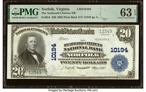 image for: Norfolk, VA - $20 1902 Plain Back Fr. 654 The Seaboard Citizens National Bank Ch. # 10194 PMG Choice Uncirculated 63 EPQ....