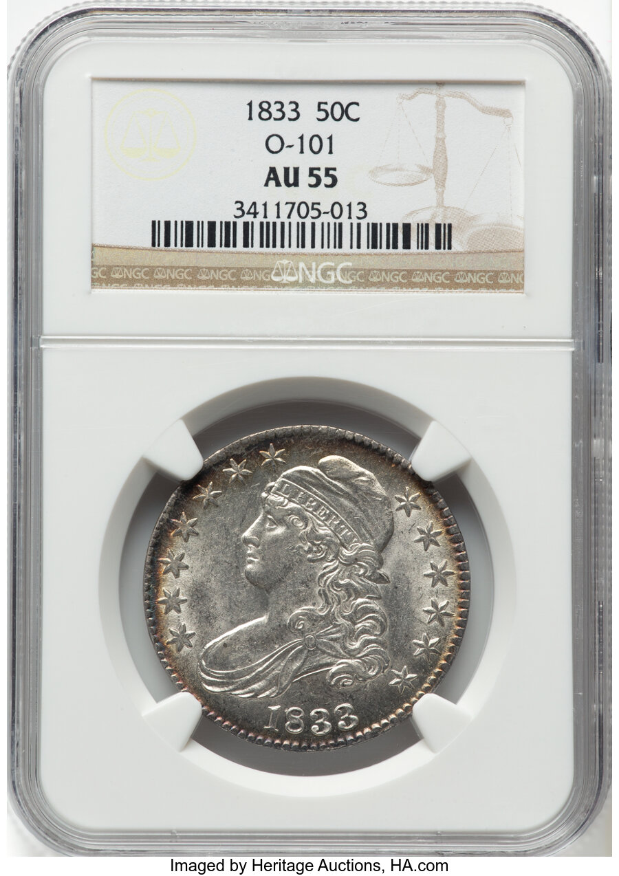 image for: 1833 50C O-101, R.1, AU55 NGC. NGC Census: (4/8).  Mintage 5,206,000....