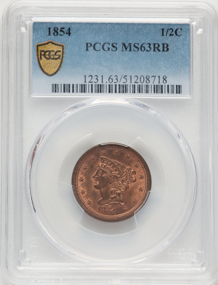 image for: 1854 1/2 C C-1, B-1, R.1, MS63 Red and Brown PCGS. PCGS Population: (42/112).  Mintage 55,358....