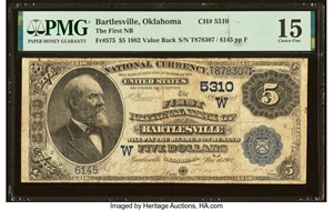 image for: Bartlesville, OK - $5 1882 Value Back Fr. 575 The First National Bank Ch. # (W)5310 PMG Choice Fine 15....