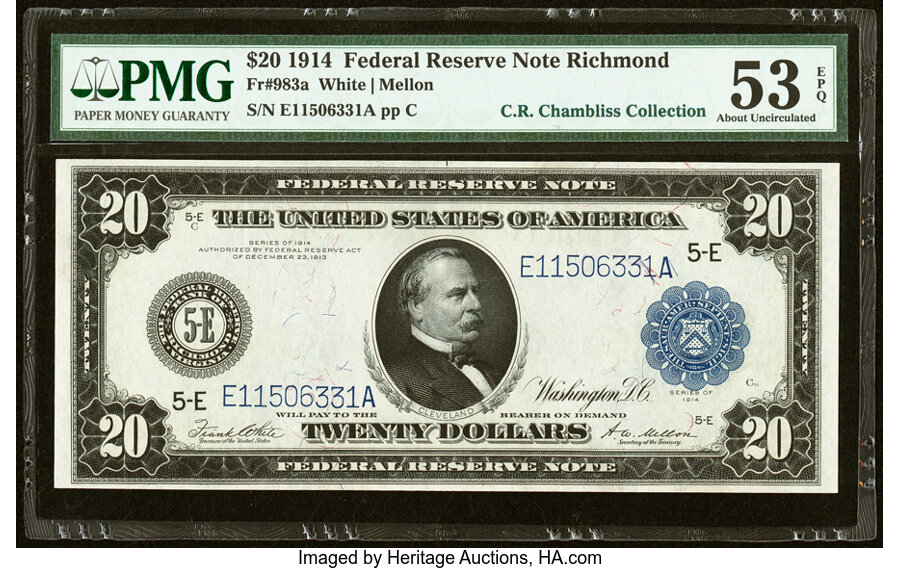 image for: Fr. 983a $20 1914 Federal Reserve Note PMG About Uncirculated 53 EPQ....