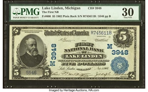 image for: Lake Linden, MI - $5 1902 Plain Back Fr. 600 The First National Bank Ch. # (M)3948 PMG Very Fine 30....