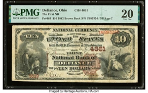 image for: Defiance, OH - $10 1882 Brown Back Fr. 485 The First National Bank Ch. # 4661 PMG Very Fine 20....