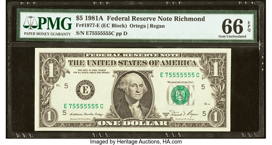 image for: Seven of a Kind Serial Number 75555555 Fr. 1977-E $5 1981A Federal Reserve Note. PMG Gem Uncirculated 66 EPQ....
