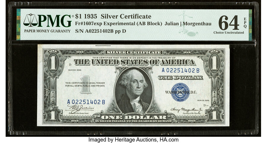 image for: Fr. 1607 $1 1935 Silver Certificate. A-B Experimental. PMG Choice Uncirculated 64 EPQ....