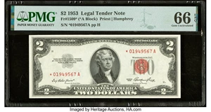 image for: Fr. 1509* $2 1953 Legal Tender Star Note. PMG Gem Uncirculated 66 EPQ....