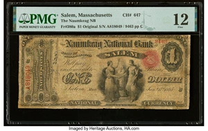 image for: Salem, MA - $1 Original Fr. 380a The Naumkeag National Bank Ch. # 647 PMG Fine 12....