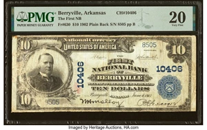 image for: Berryville, AR - $10 1902 Plain Back Fr. 630 The First National Bank Ch. # 10406 PMG Very Fine 20....