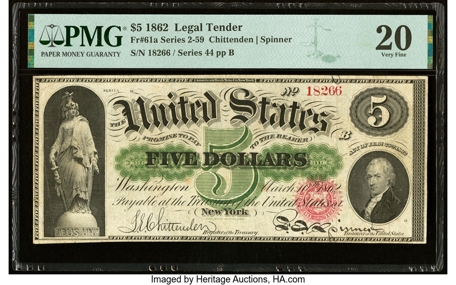 image for: Fr. 61a $5 1862 Legal Tender PMG Very Fine 20....