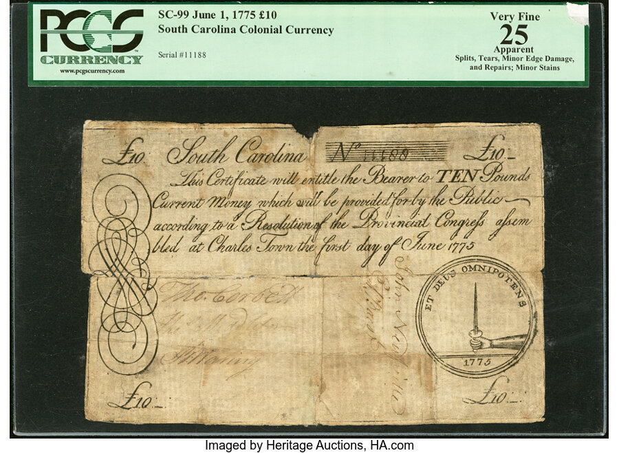 image for: South Carolina June 1, 1775 £10 PCGS Apparent Very Fine 25....