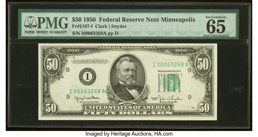 image for: Fr. 2107-I $50 1950 Federal Reserve Note. PMG Gem Uncirculated 65 EPQ....
