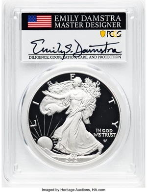 image for: 2021-W $1 Silver Eagle, Type Two, First Strike, Emily S. Damstra, PR70 Deep Cameo PCGS. ...