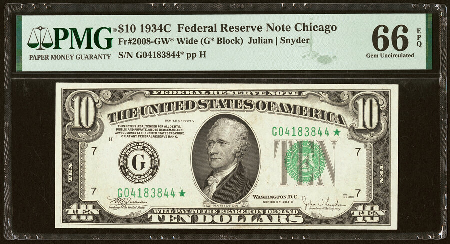 image for: Fr. 2008-G* $10 1934C Wide Federal Reserve Star Note. PMG Gem Uncirculated 66 EPQ....