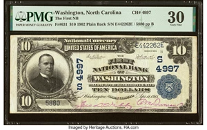 image for: Washington, NC - $10 1902 Plain Back Fr. 631 The First National Bank Ch. # (S)4997 PMG Very Fine 30....