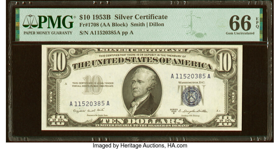image for: Fr. 1708 $10 1953B Silver Certificate. PMG Gem Uncirculated 66 EPQ....