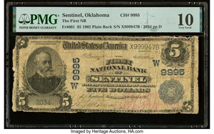 image for: Sentinel, OK - $5 1902 Plain Back Fr. 601 The First National Bank Ch. # (W)9995 PMG Very Good 10....