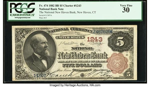 image for: New Haven, CT - $5 1882 Brown Back Fr. 474 The National New Haven Bank Ch. # 1243 PCGS Very Fine 30....