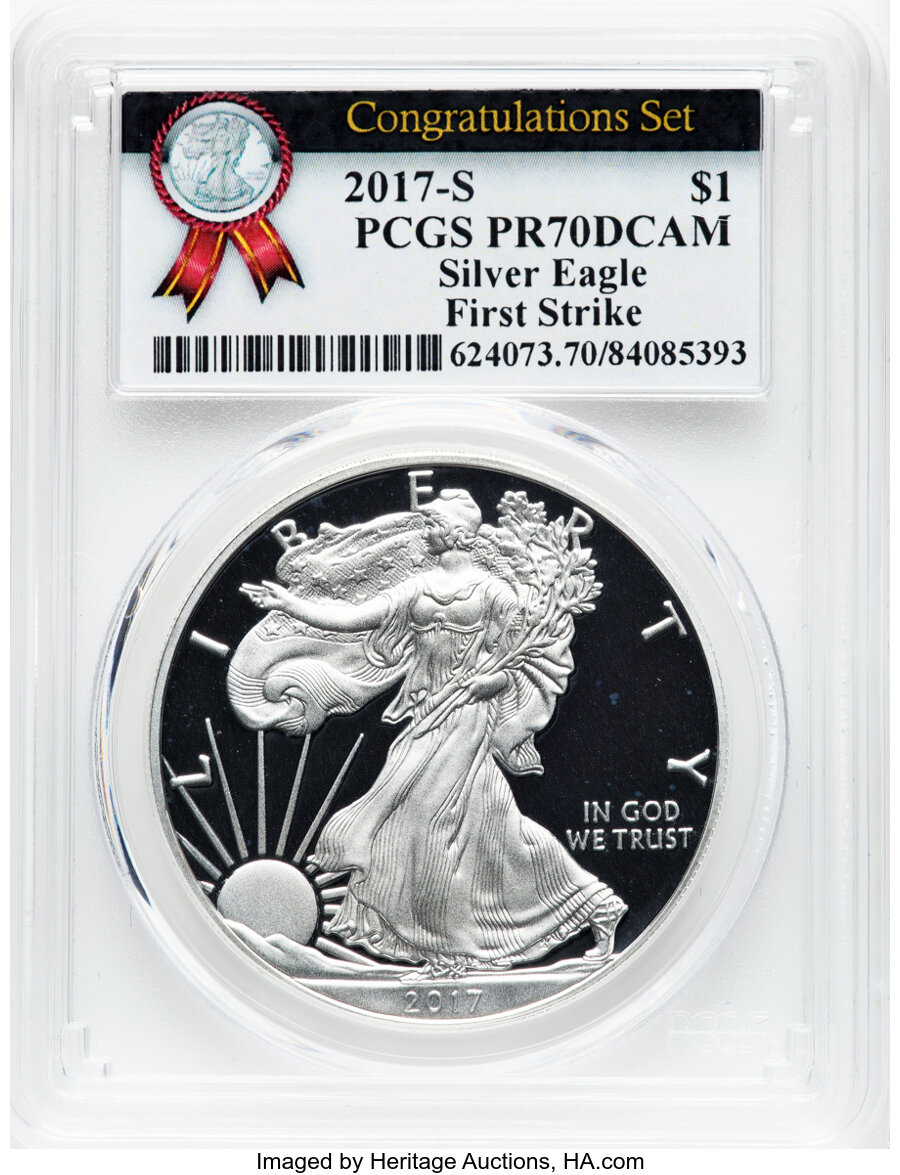 image for: 2017-S $1 Silver Eagle, Congratulations Set, First Strike, PR70 Deep Cameo PCGS.  ...