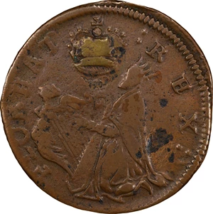 image for: Undated (ca. 1652-1674) St. Patrick Farthing. Martin 1c.6-Ca.2, W-11500. Rarity-5. Copper. Nothing Below King. VF-20 (PCGS).