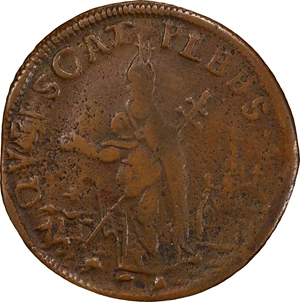 image for: Undated (ca. 1652-1674) St. Patrick Farthing. Martin 1c.6-Ca.2, W-11500. Rarity-5. Copper. Nothing Below King. VF-20 (PCGS).